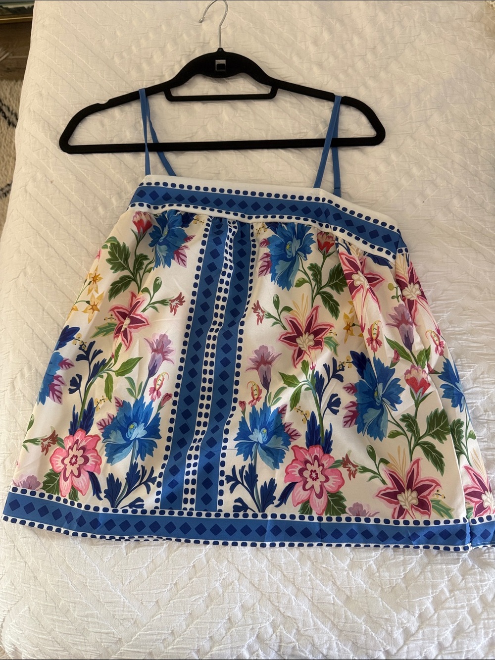 Amazon Girls White Floral Sundress with Blue Trim and Pink Accents